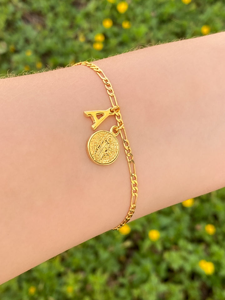 Pulsera Eslabones 3 mm Con Inicial y San Benito