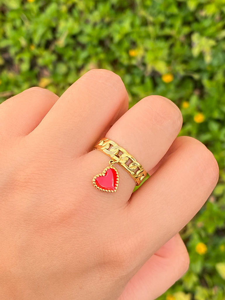 Anillo Eslabones Con Corazon Rojo