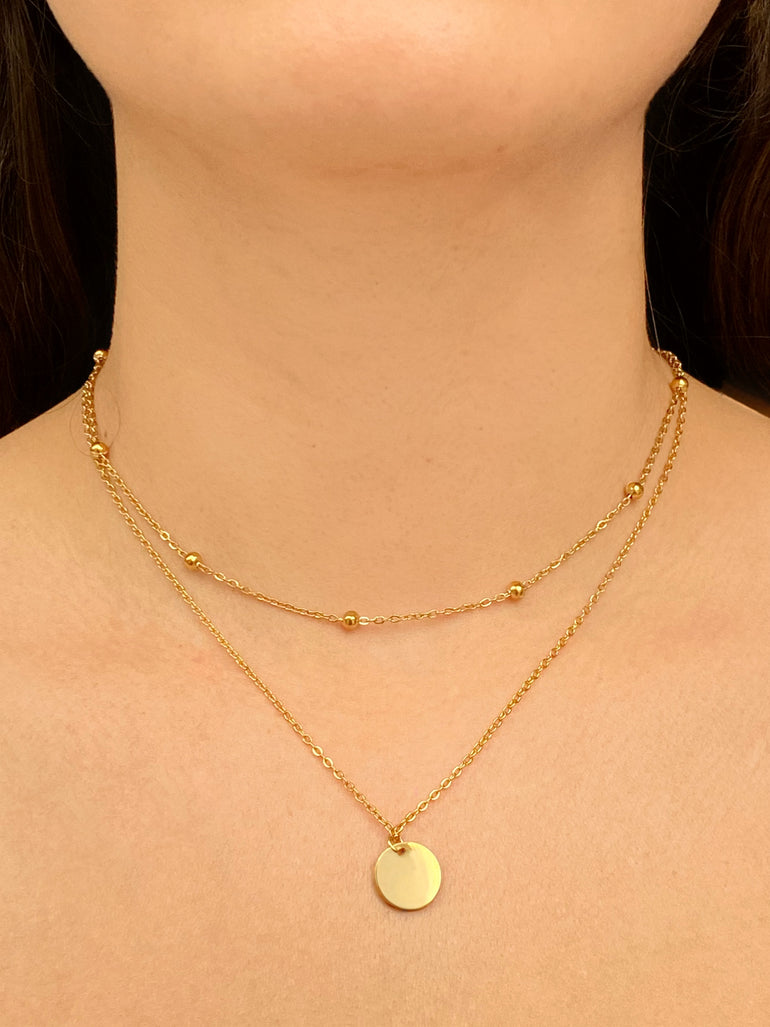 Collar Doble Con Bolitas y Dije Circulo