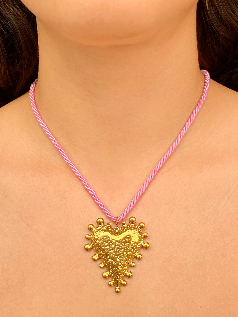 Collar Rosa Con Dije Corazon Chunky