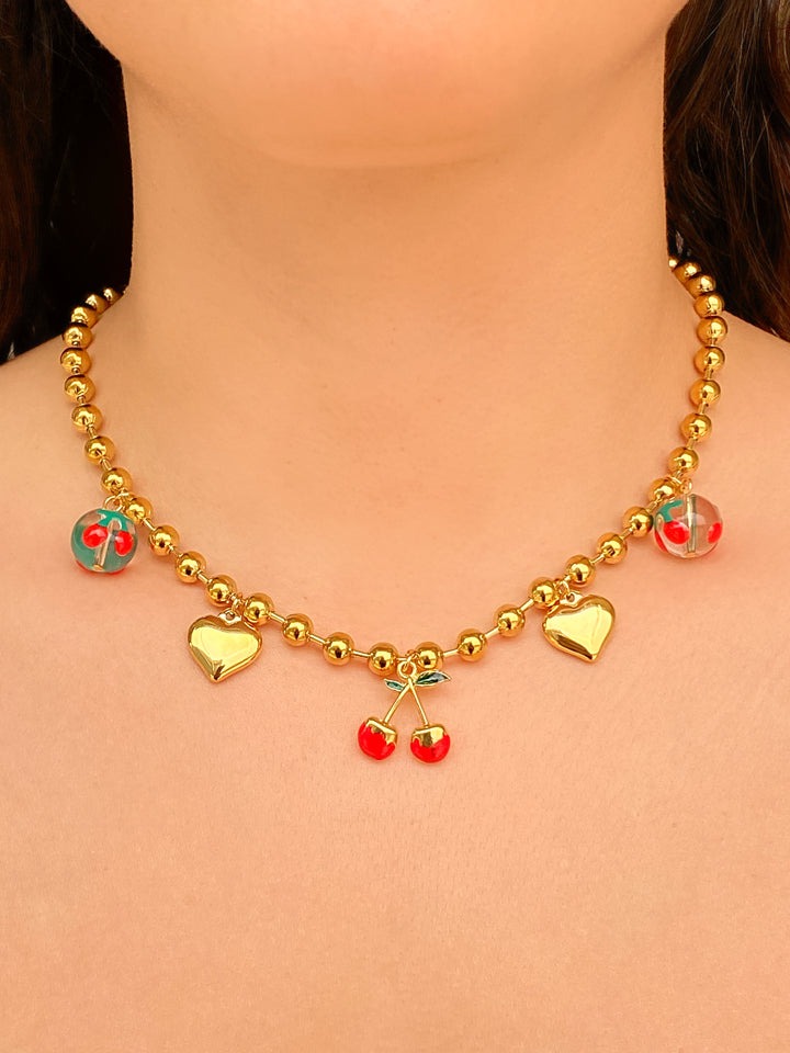 Collar Bolitas Con Dijes Corazones y Cerezas