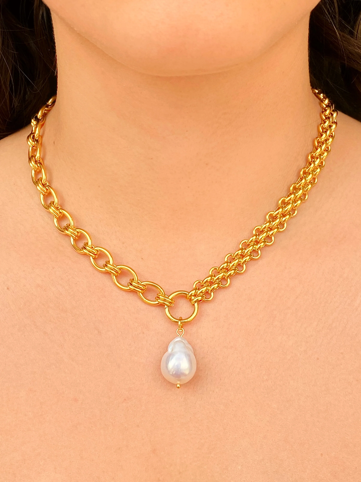 Collar Chunky Doble Cadena Gruesa Con Perla