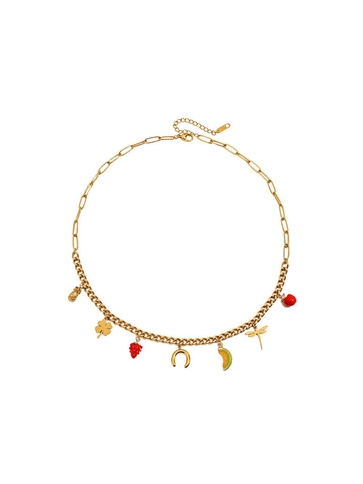 Collar Doble Eslabon Con Dijes Frutas y Libelula