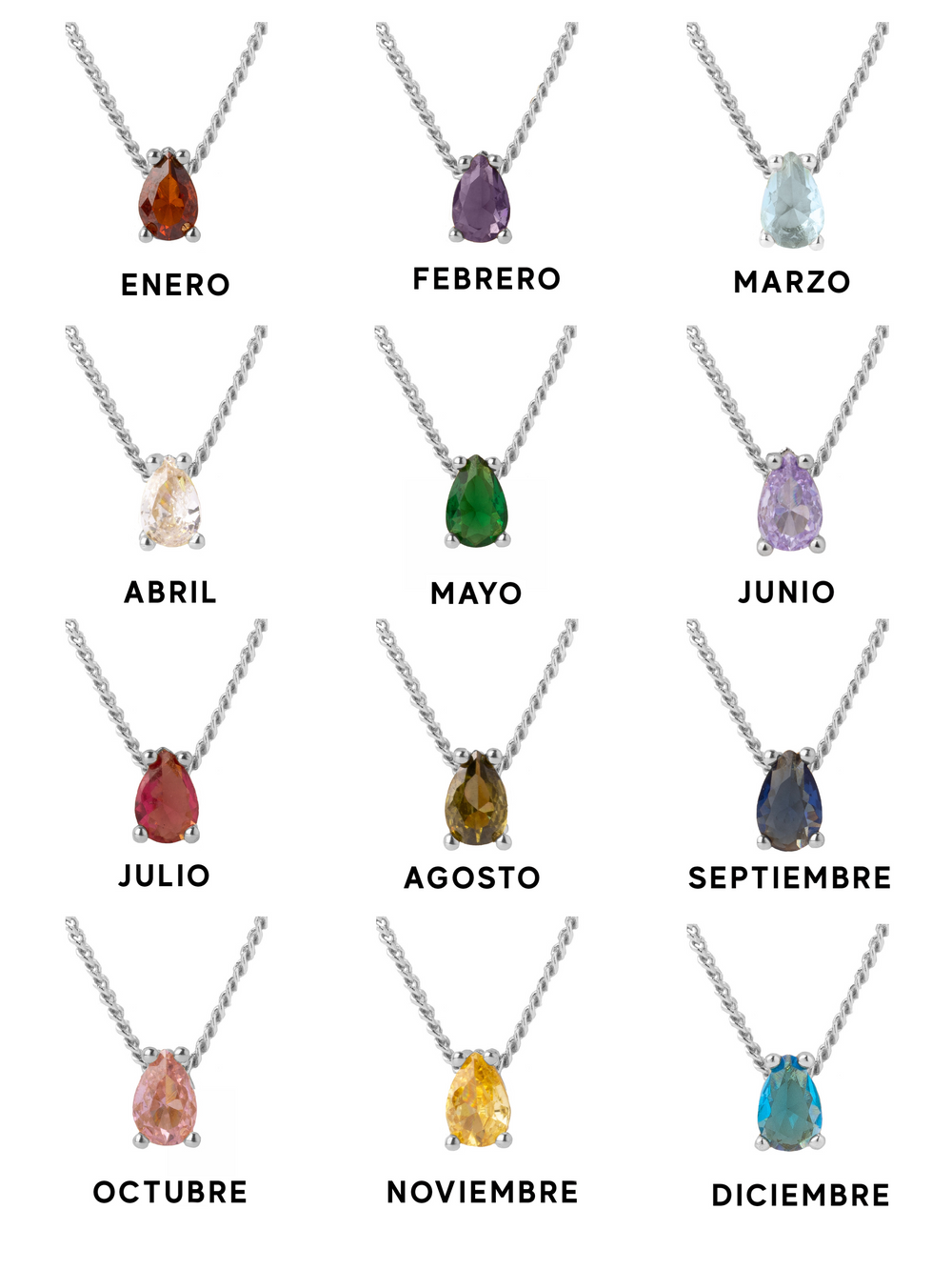 Personaliza Tu Collar Birthstone Gota Plateado