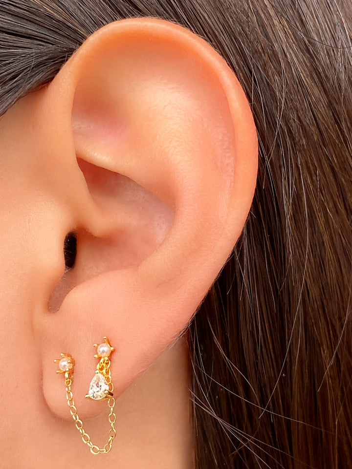 Arete Cadena Con Doble Perla y Zirconia