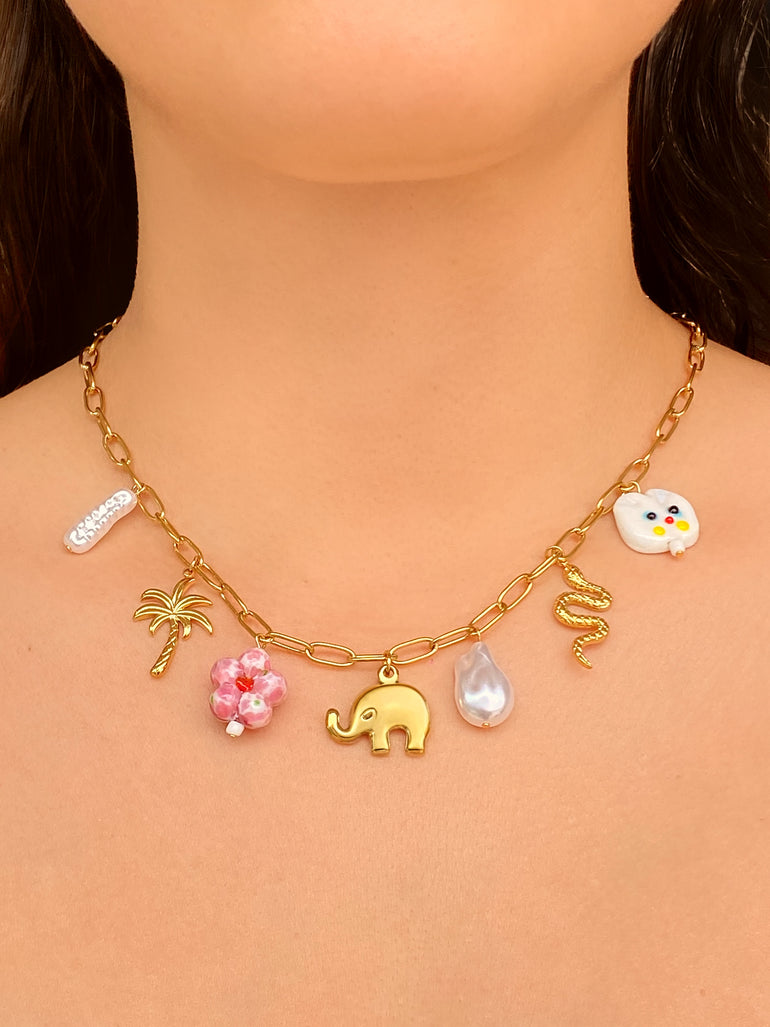 Collar Dijes Elefante, Perlas, Flor y Serpiente