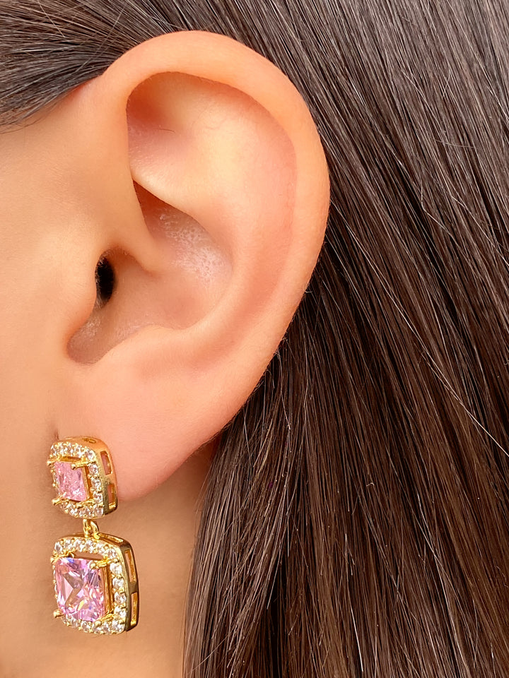 Par Arete Doble Cuadrado Colgante Zirconias Rosa