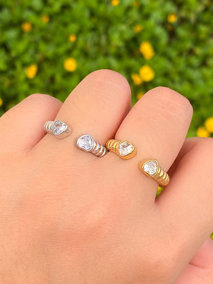 Anillo Abierto Doble Corazon Con Lineas