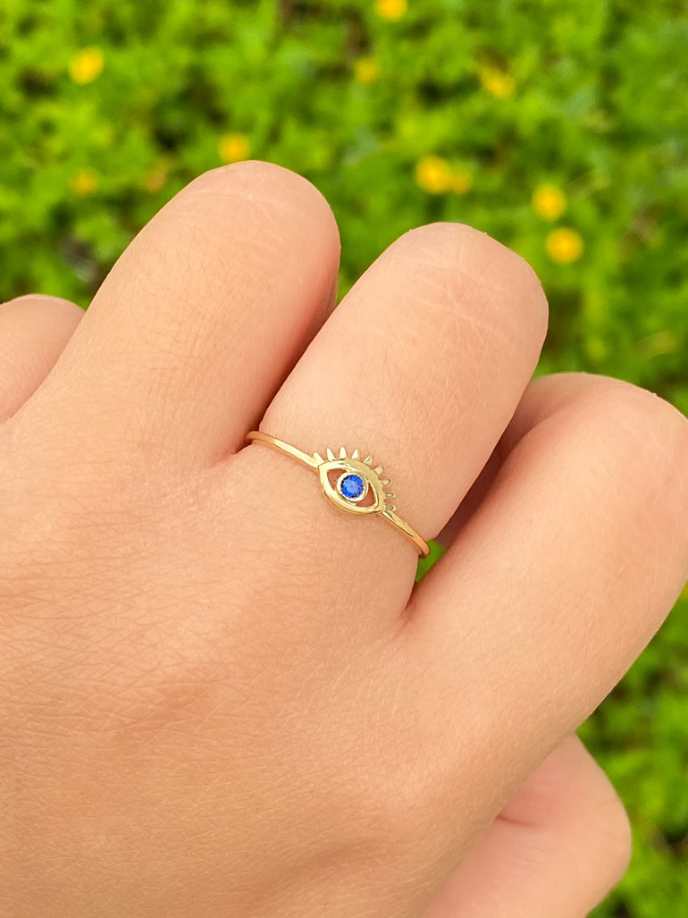 Anillo Delgado Ojo Azul Oro 14k