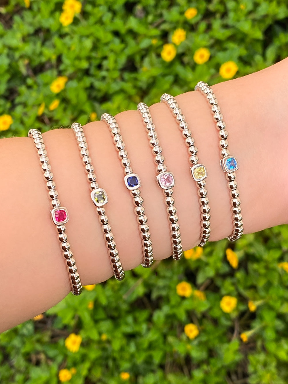 Pulsera Plateada Bolitas Birthstone Cuadrado