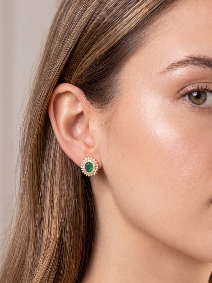 Par Arete Esmeralda Corte Oval Con Doble Halo De Diamantes 1.3 CTTW