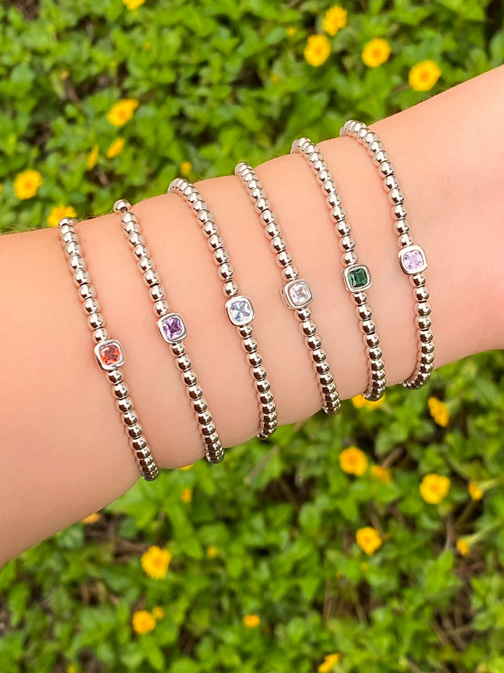 Pulsera Plateada Bolitas Birthstone Cuadrado