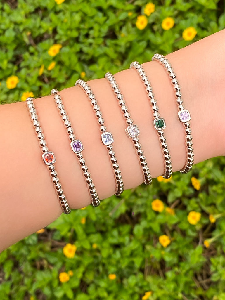 Pulsera Plateada Bolitas Birthstone Cuadrado