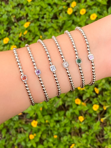 Pulsera Plateada Bolitas Birthstone Cuadrado