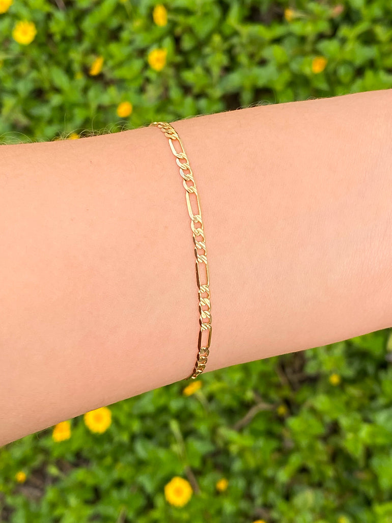 Pulsera Eslabon Figaro 3mm Con Textura Oro 14k