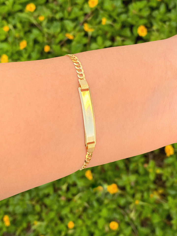 Esclava Eslabon Cubano 3.6 mm Niño/a Con Placa Oro 14k