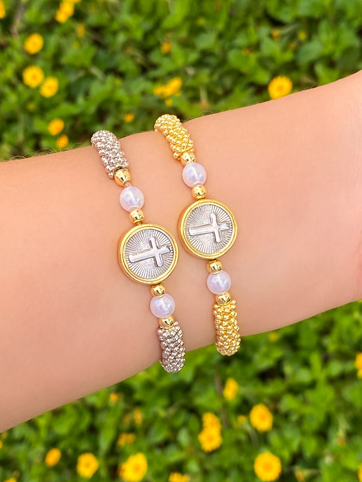 Pulsera Medalla Cruz Combinada Dos Perlas
