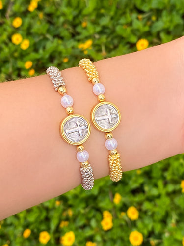 Pulsera Medalla Cruz Combinada Dos Perlas