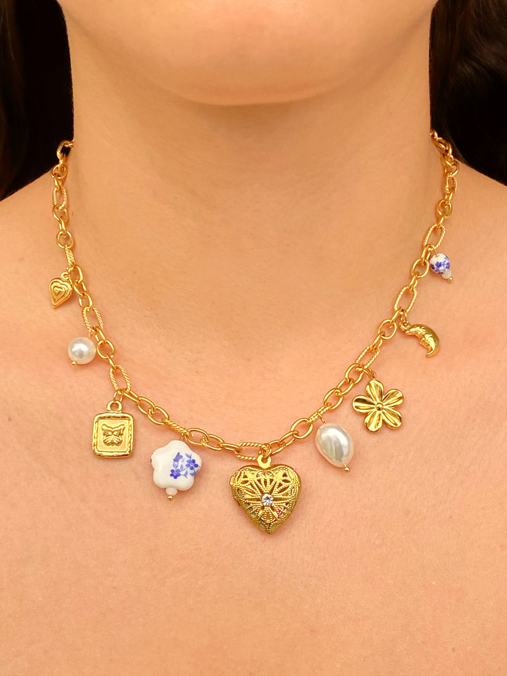 Collar Eslabon Ovalado Dijes y Corazon Relicario