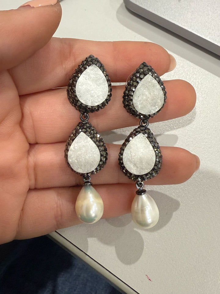 Par Arete Doble Gota Calcita Con Perla