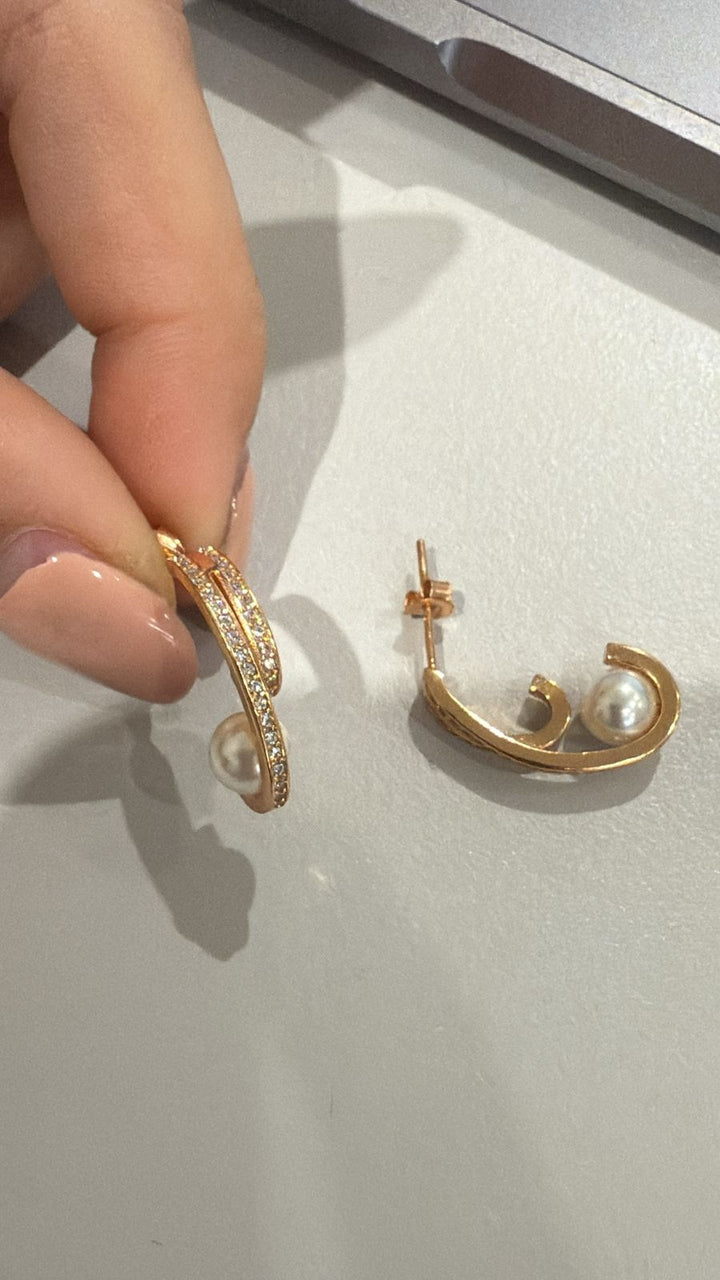Par Arracada Rose Gold Doble Con Perla Interior