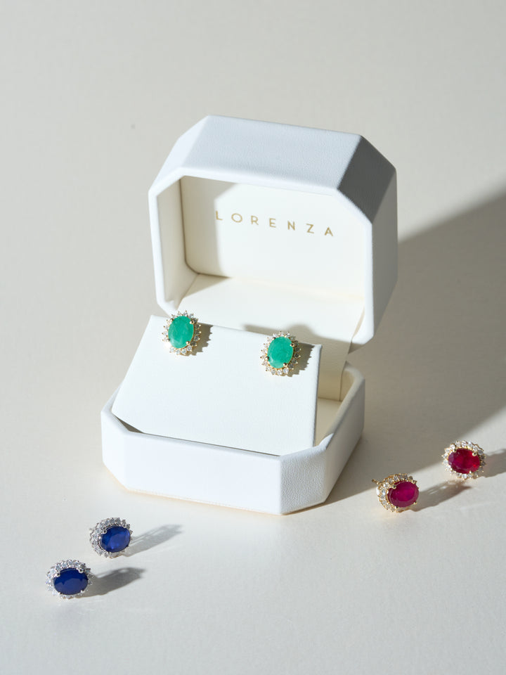 Par Arete Esmeralda Corte Ovalo Con Halo De Diamantes 3.8 CTTW