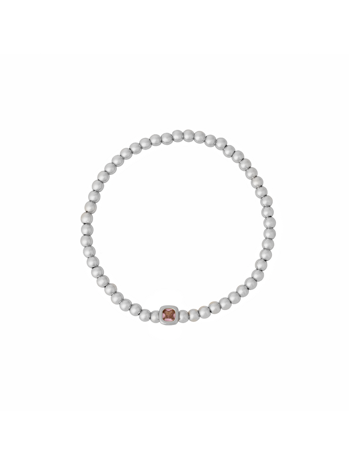 Pulsera Plateada Bolitas Birthstone Cuadrado