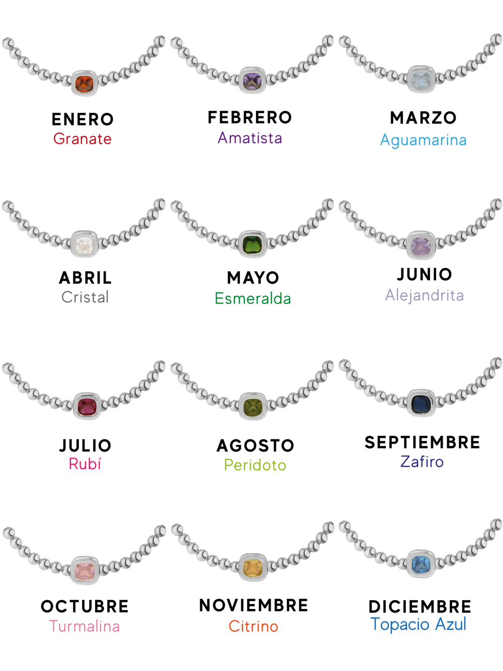 Pulsera Plateada Bolitas Birthstone Cuadrado
