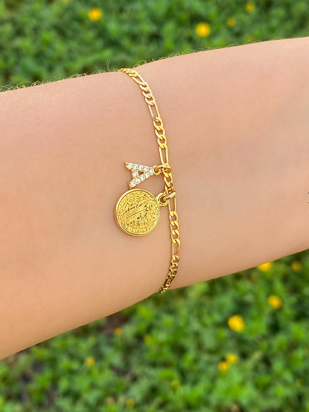 Pulsera Eslabones 3 mm Con Inicial y San Benito