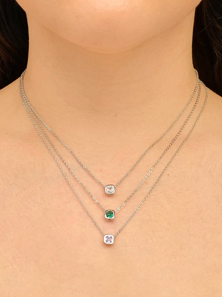 Collar Birthstone Cuadrado Plateado
