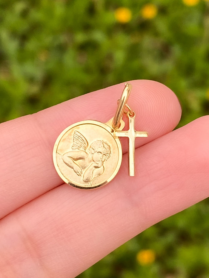 Dije Angel De La Guarda Con Cruz Oro 14k