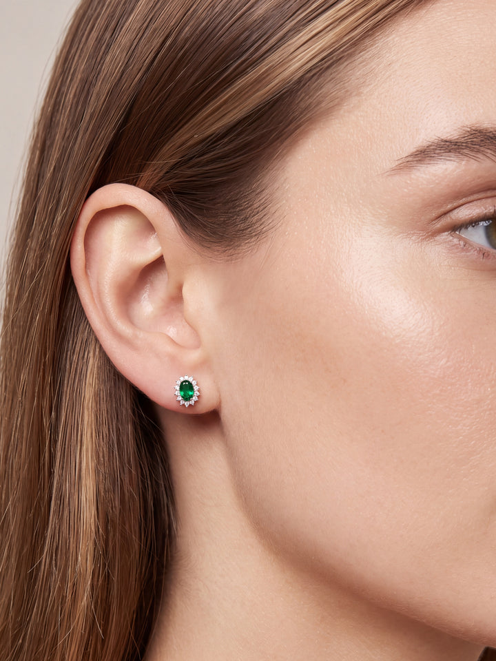 Par Arete Zirconia Verde Ovalada Con Halo Floral
