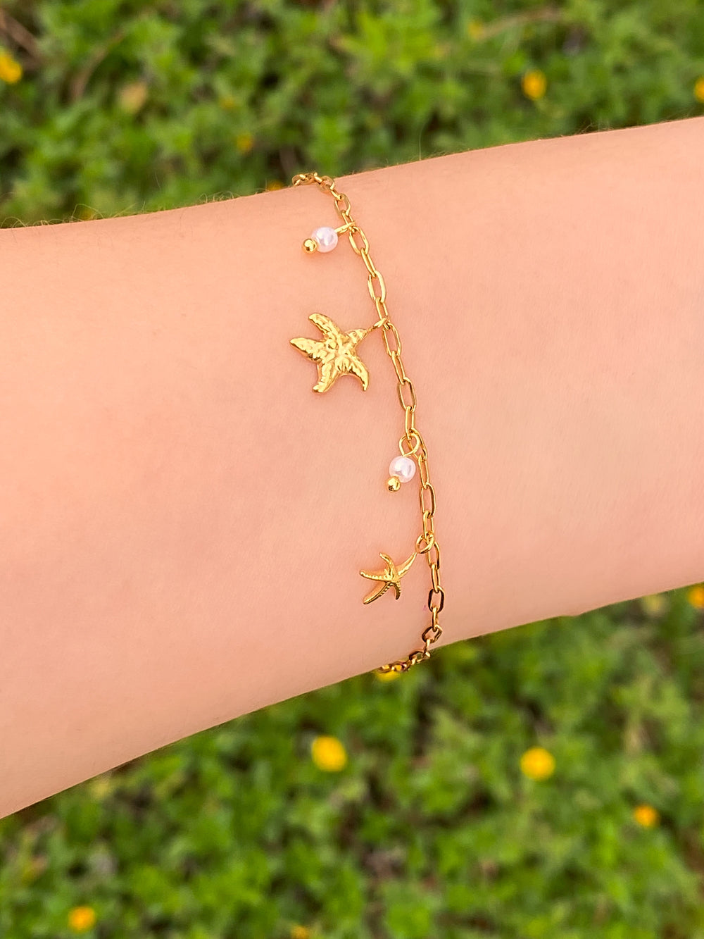 Pulsera Mini Eslabones Con Estrella De Mar y Perlitas