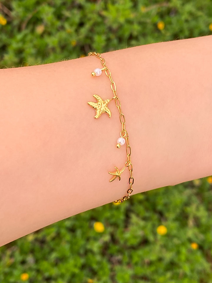 Pulsera Mini Eslabones Con Estrella De Mar y Perlitas