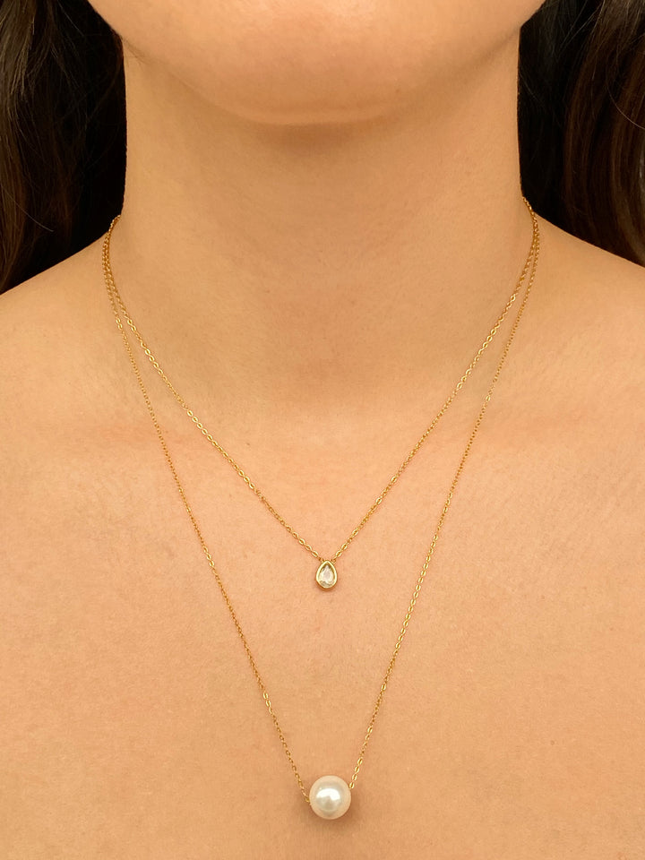 Collar Doble Con Gota Zirconia y Perla