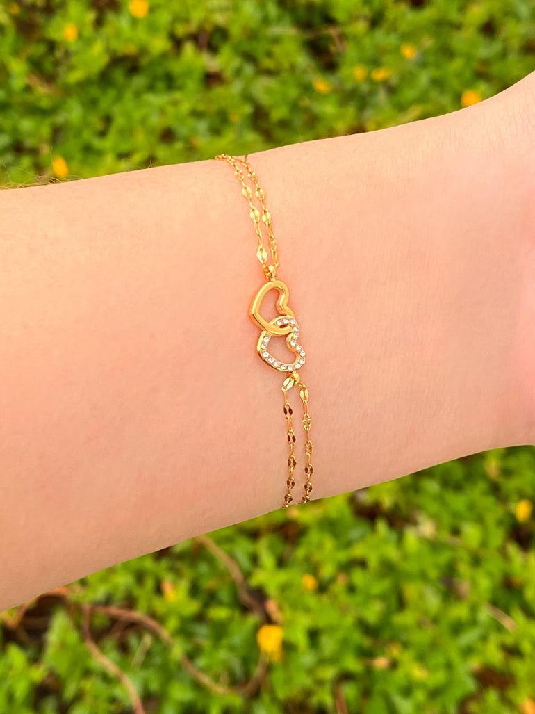 Pulsera Doble Cadena Con Corazones
