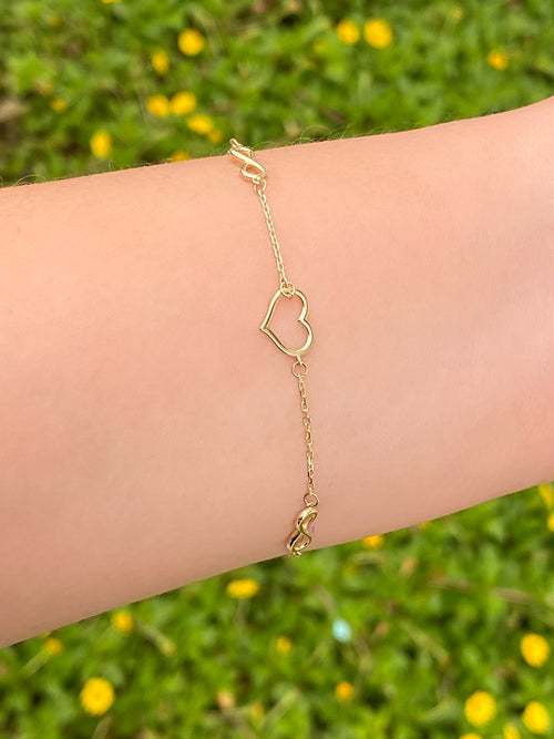 Pulsera Infinito y Corazon Grande Oro 14k