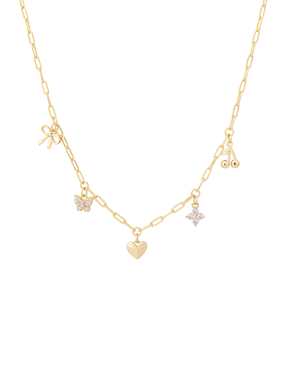 Collar Con Dije Moño, Cereza, Corazon y Mariposa