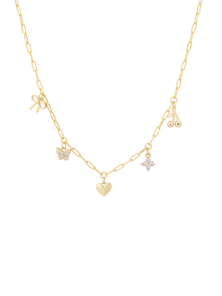 Collar Con Dije Moño, Cereza, Corazon y Mariposa