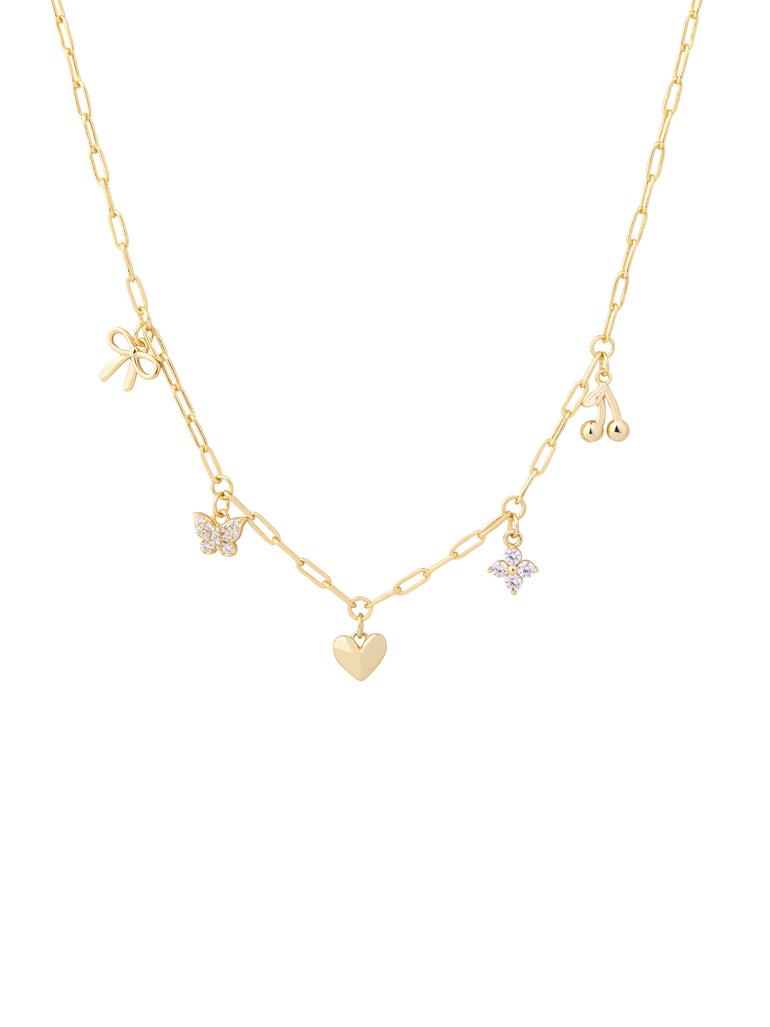 Collar Con Dije Moño, Cereza, Corazon y Mariposa