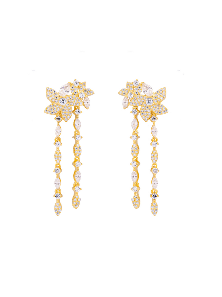 Par Arete Doble Flor Cinco Petalos Con Zirconias