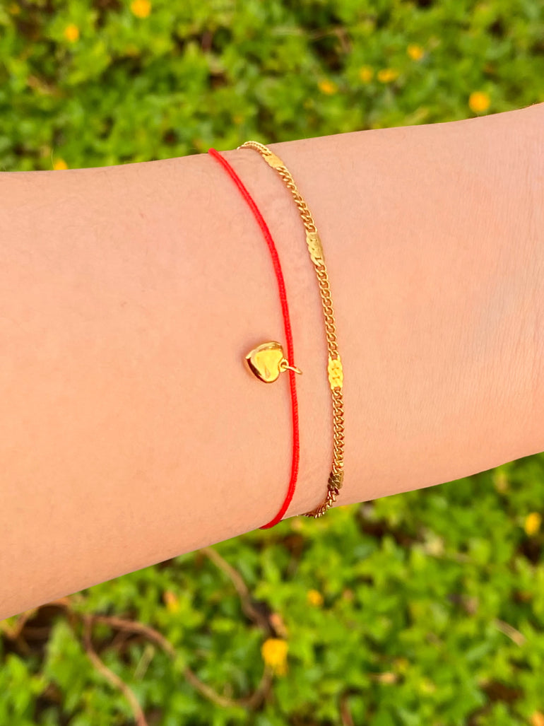 Pulsera Doble Cordon Rojo y Corazon
