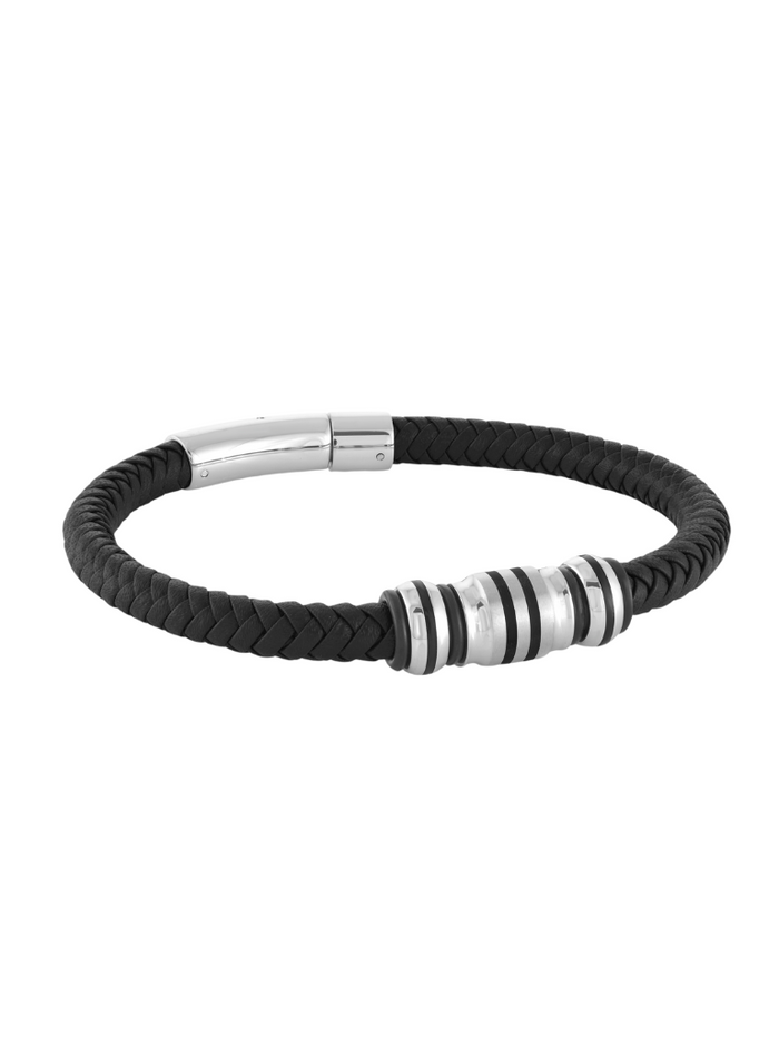 Brazalete Piel Negra Trenzada Con Broche Plata