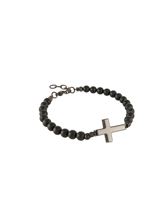 Pulsera Negra Bolitas Con Cruz