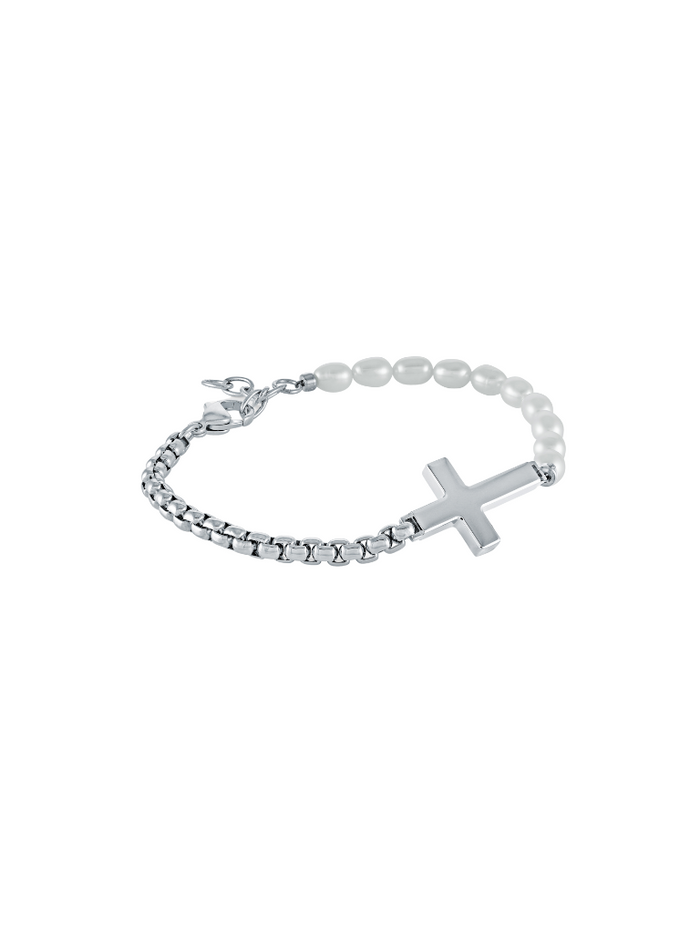 Pulsera Mitad Eslabon y Perlas Con Cruz