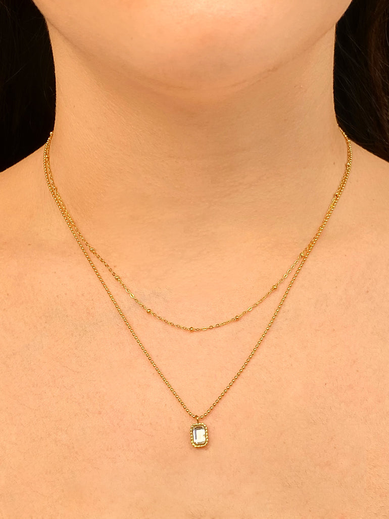 Collar Doble Bolitas Con Dije Rectangular