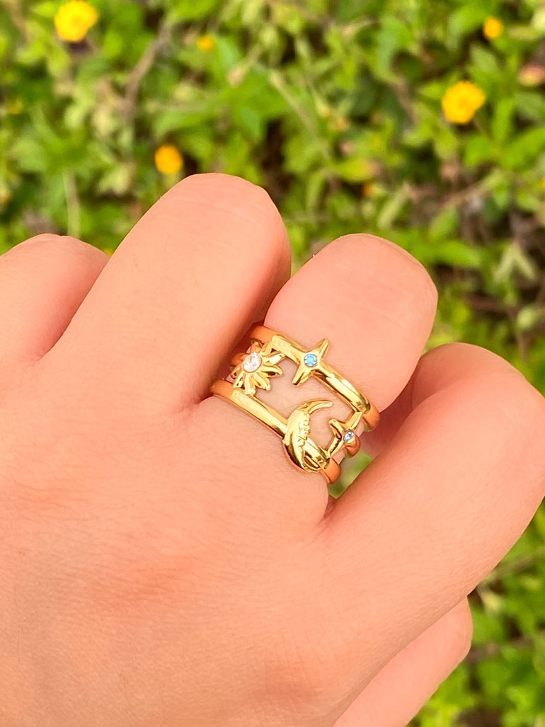 Anillo Doble Linea Con Luna Y Sol