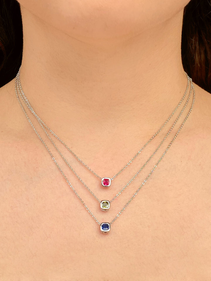 Collar Birthstone Cuadrado Plateado