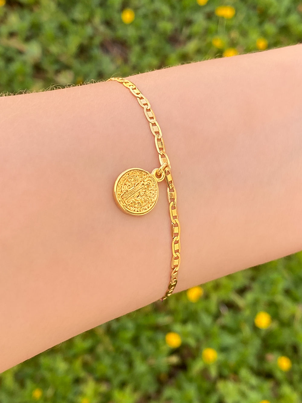 Pulsera Eslabon Planchado 3 mm Con San Benito