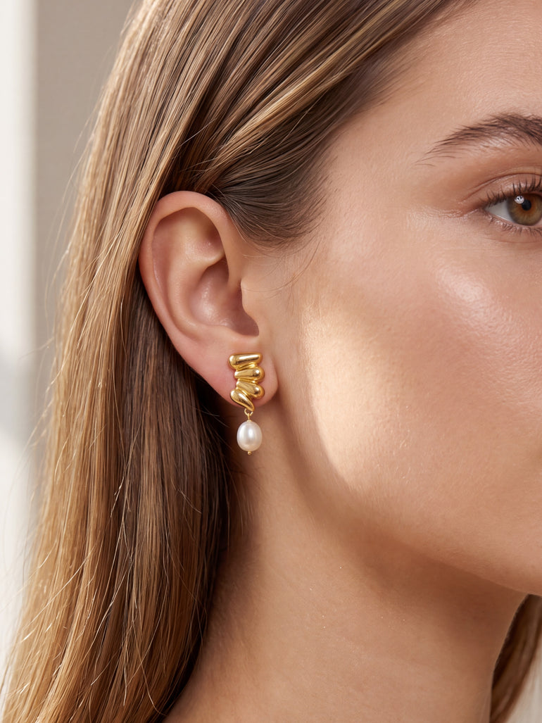 Par Arete Cuatro Gotas Con Perla Colgante